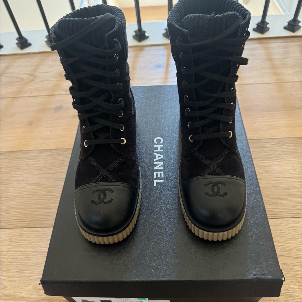 Chanel Black Suede Lace-Up Boots